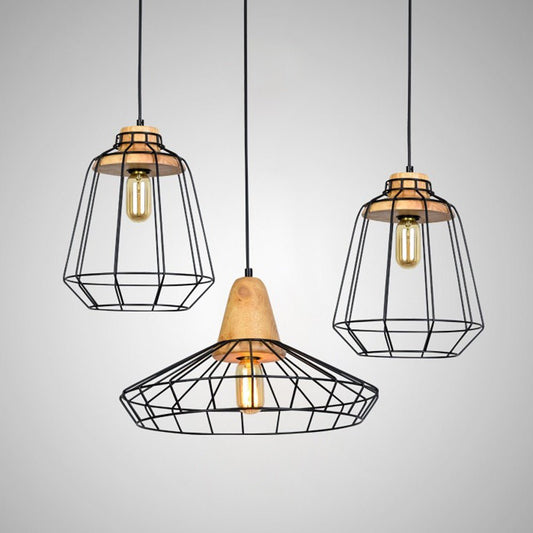 Luxus Pendel Designer Drahtkäfig-Pendelleuchten Set mit Holzelementen, geometrische Industrial-Style Hängelampen in Schwarz mit Edison-Glühbirnen