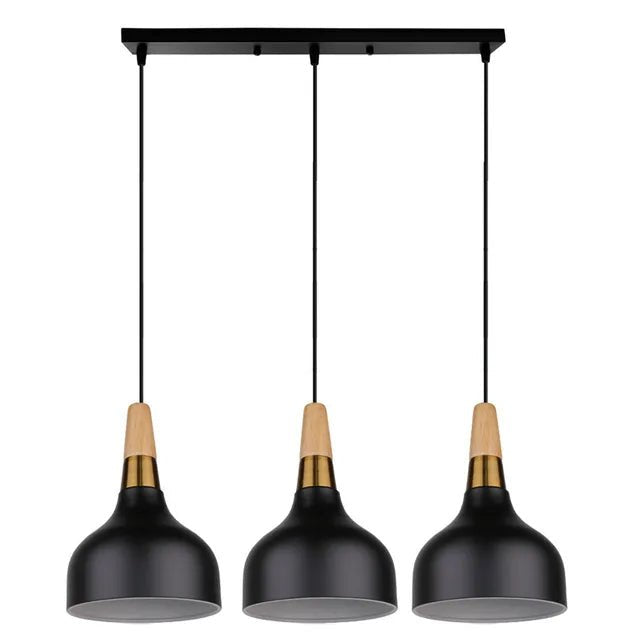 Luxus Pendel moderne 3er Pendelleuchte in Schwarz und Gold mit Holzelement, skandinavisches Design für Esszimmer und Kücheninsel