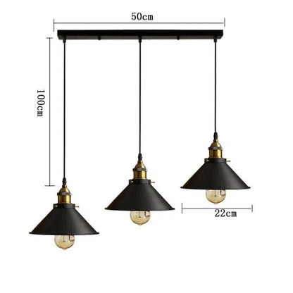 Luxus Pendel 3-flammige Industrielampe in Schwarz-Messing, vintage Edison Pendelleuchte mit konischen Metallschirmen, 50cm Baldachin